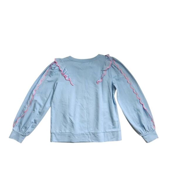 Lilly Pulitzer Suzy Scalloped Sweatshirt Womens Small Oversized Ruffled Blue Pin - Picture 4 of 7